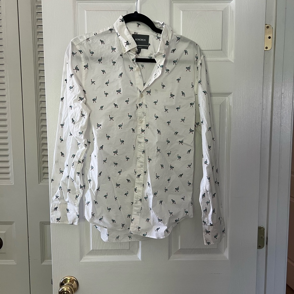 Bonobos White Lightweight Button Down Shirt with Ostrich Bird Print